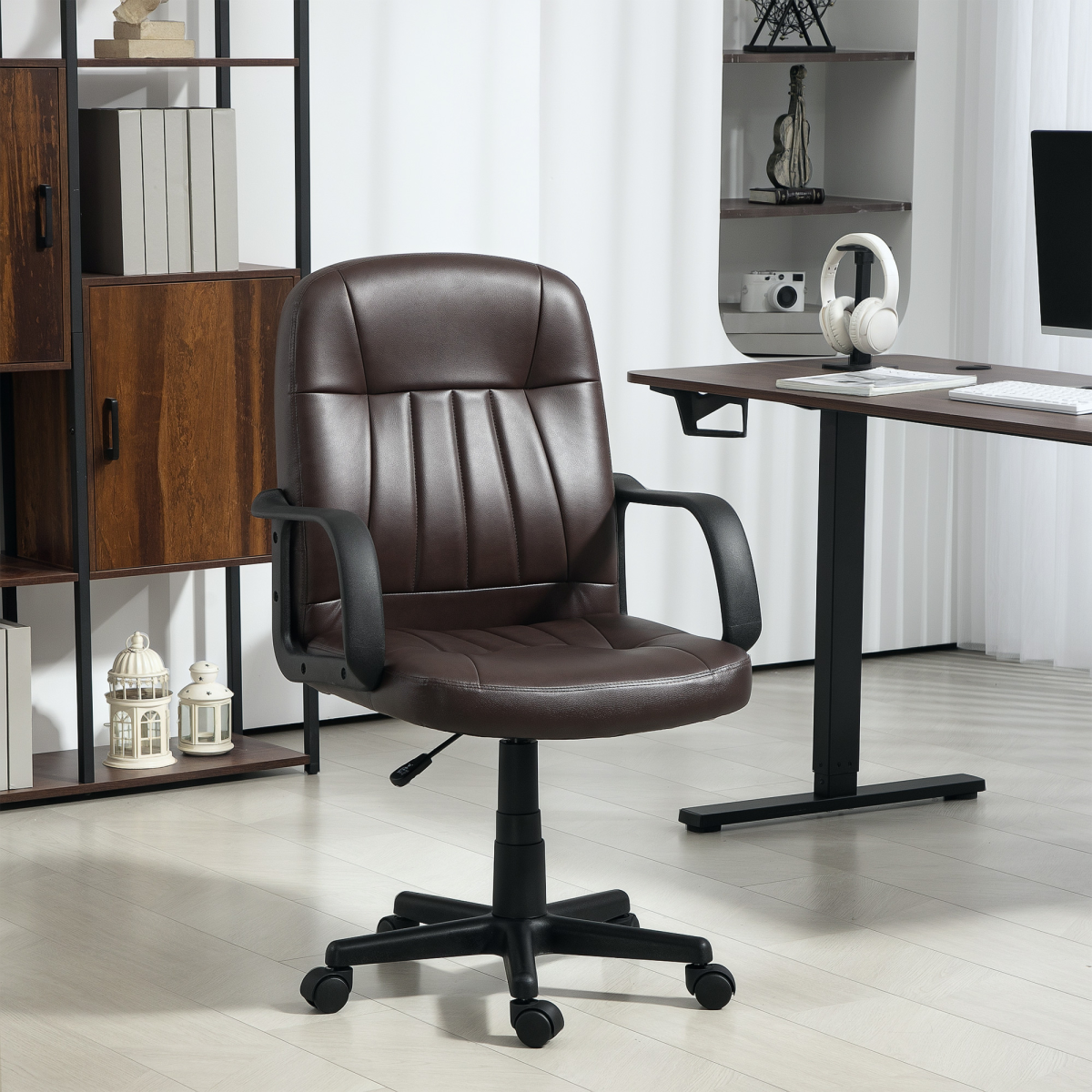 HOMCOM PU Leather Mid-Back Swivel Office Chair with 360° Swivel & Five Castors – Home Office Desk Chair, Dark Brown