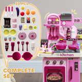 AIYAPLAY Kids Play Kitchen with 33 Accessories, Lights, Sounds and Storage – Pretend Cooking Toy, Pink