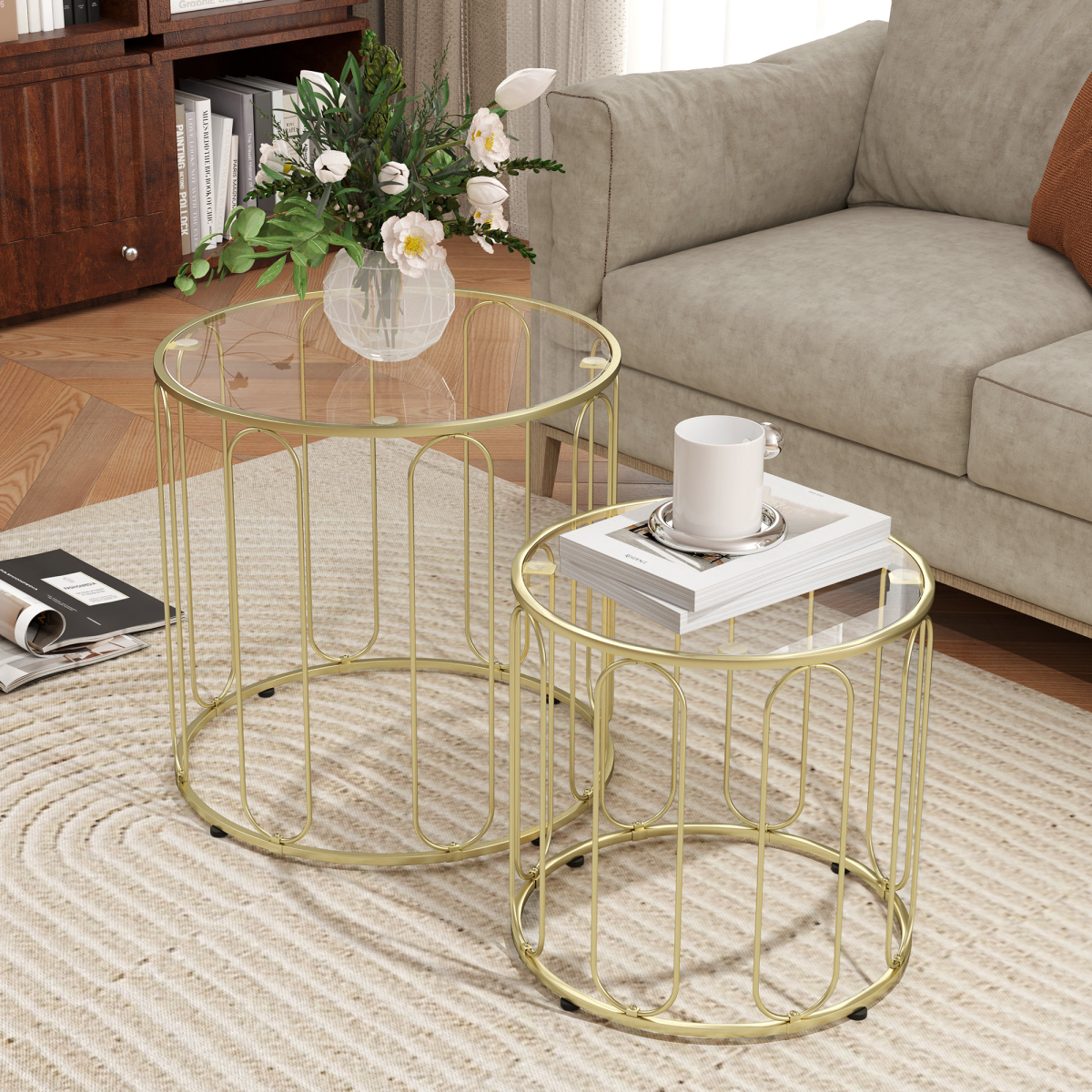 HOMCOM Coffee Table Set of 2 with Tempered Glass Tops – Nesting Tables with Geometric Metal Frame, Gold Tone