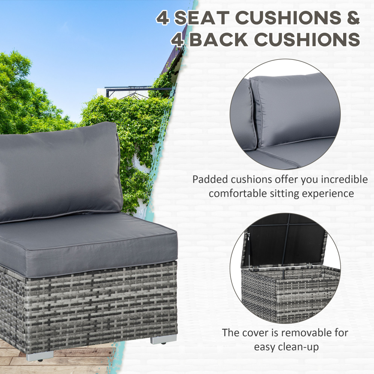 Outsunny grey rattan corner sofa set, front view