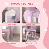ZONEKIZ Kids Dressing Table with Cloud Design, Mirror, Stool, Drawer and Storage Boxes – Pink
