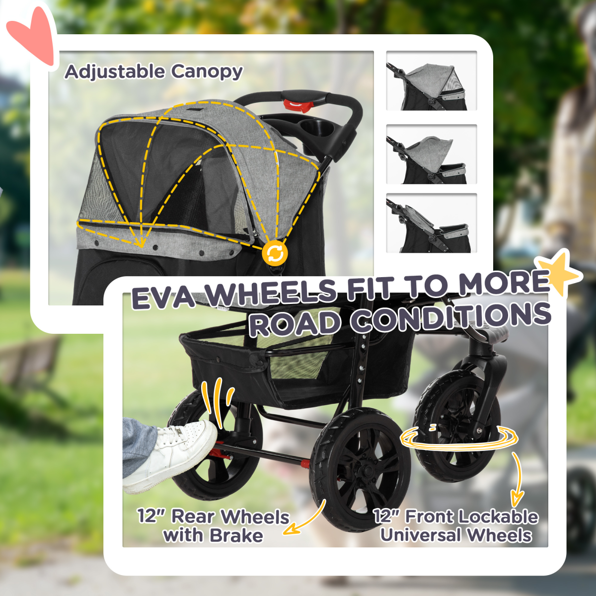 Folding 3-Wheel Pet Stroller with Adjustable Canopy, Storage Basket and Brake – For Small Dogs up to 10kg, Grey
