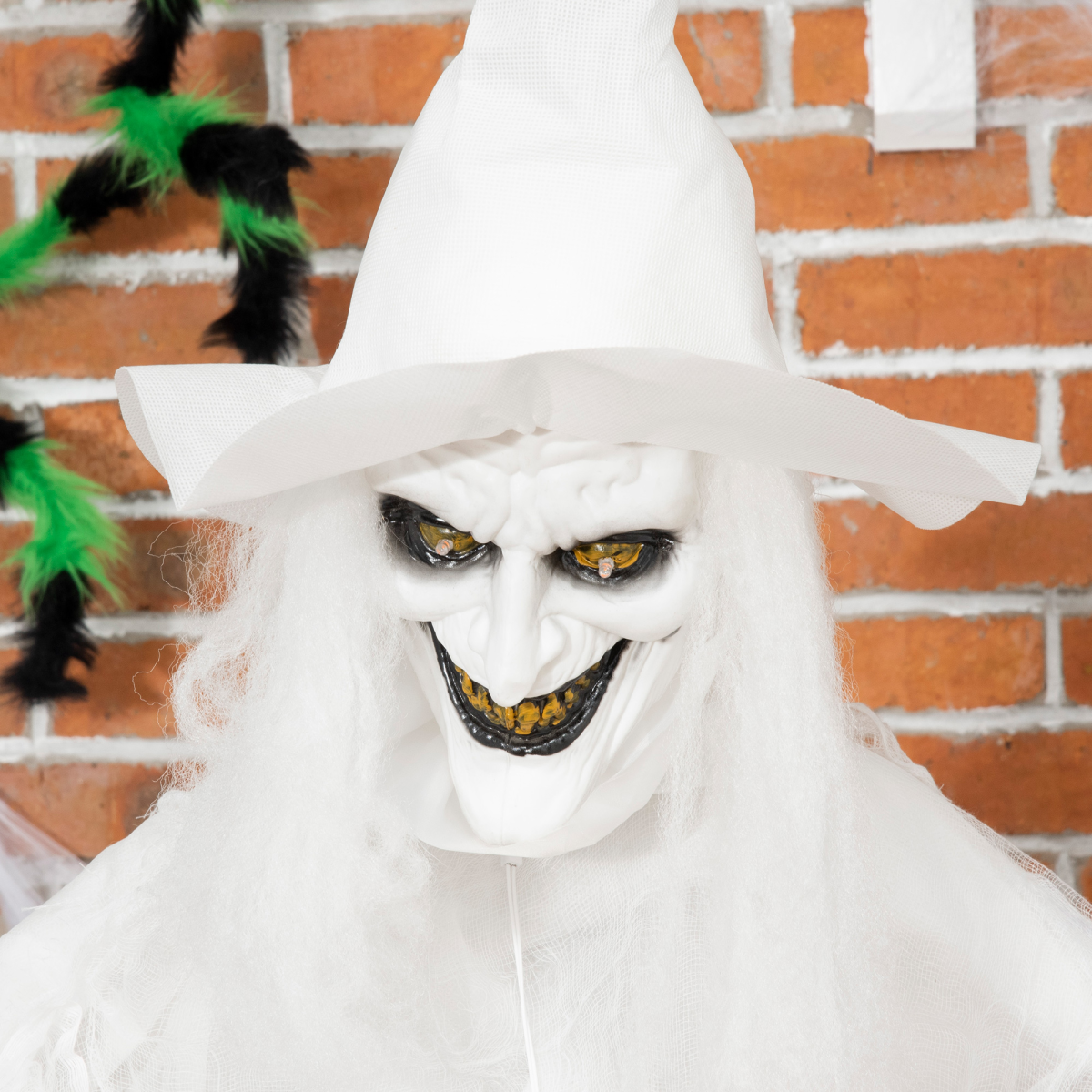 HOMCOM 72 Inch Halloween White Witch Holding Pumpkin – Button-Activated Light-Up Skeleton Ghost Decoration