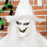 HOMCOM 72 Inch Halloween White Witch Holding Pumpkin – Button-Activated Light-Up Skeleton Ghost Decoration