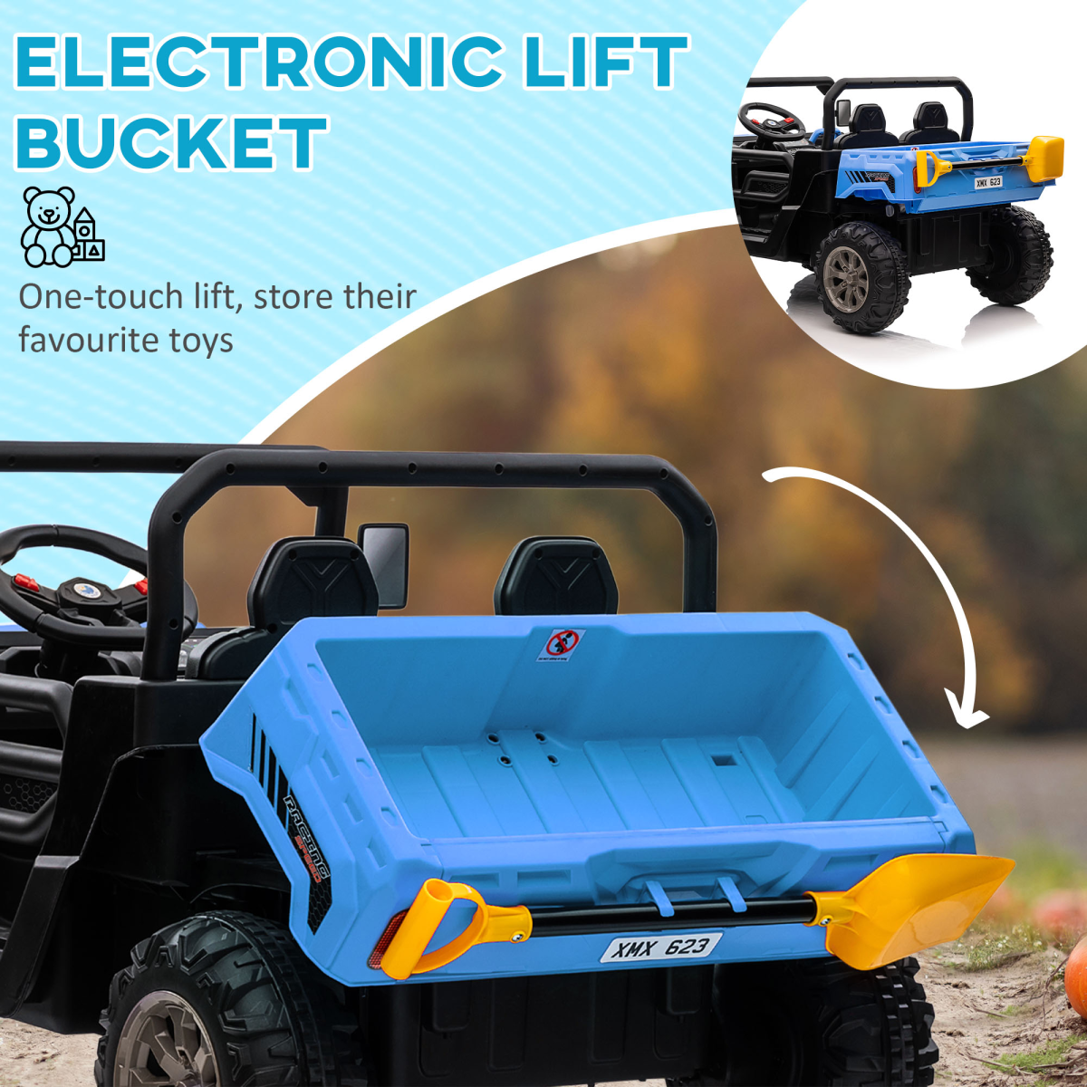 HOMCOM 12V Two-Seater Kids Electric Ride-On Truck with Electric Bucket, Remote Control & LED Lights – Blue