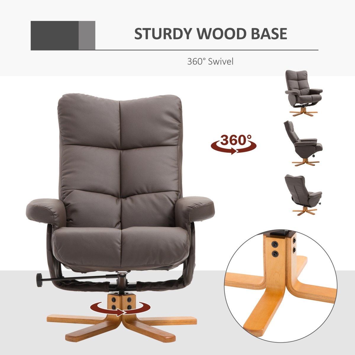 Faux Leather Recliner Chair with Storage Ottoman Footrest & Wipe-Clean Upholstery – Living Room Lounger, Brown