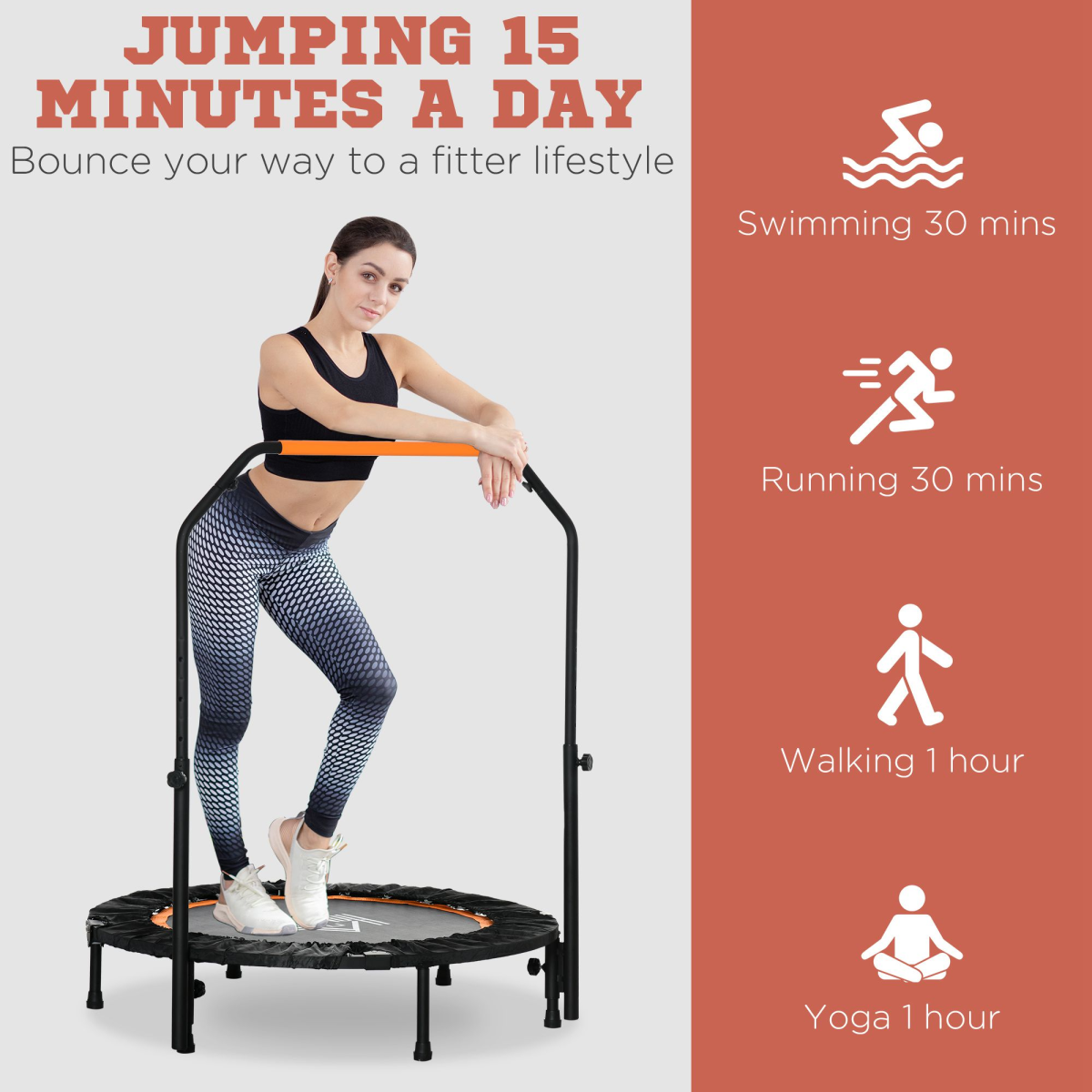 HOMCOM 40" Foldable Mini Fitness Trampoline with Adjustable Foam Handle – Indoor & Outdoor Rebounder