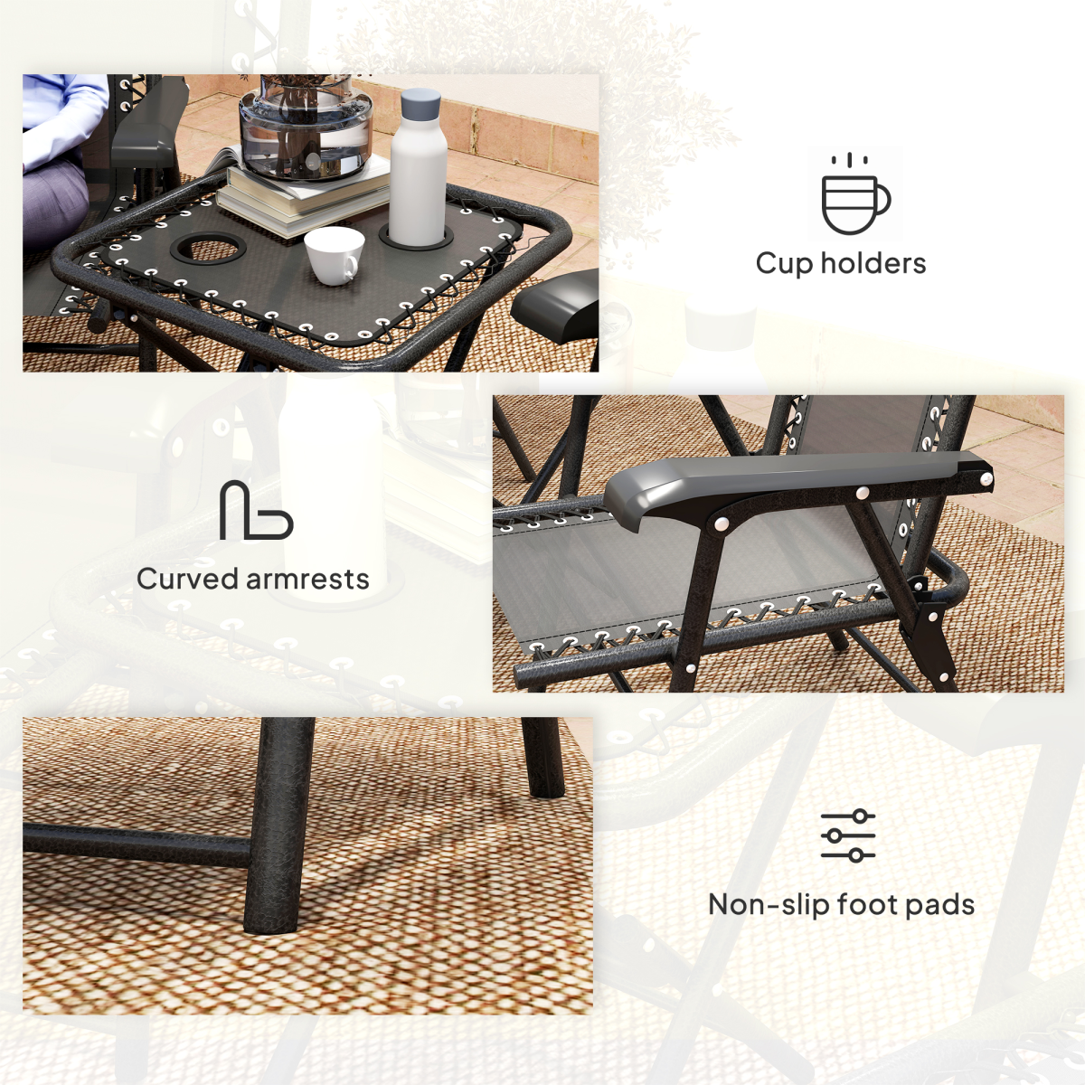 Outsunny 3 Piece Folding Garden Bistro Set with 2 Chairs, Table & Cup Holders – Texteline Seats, Black