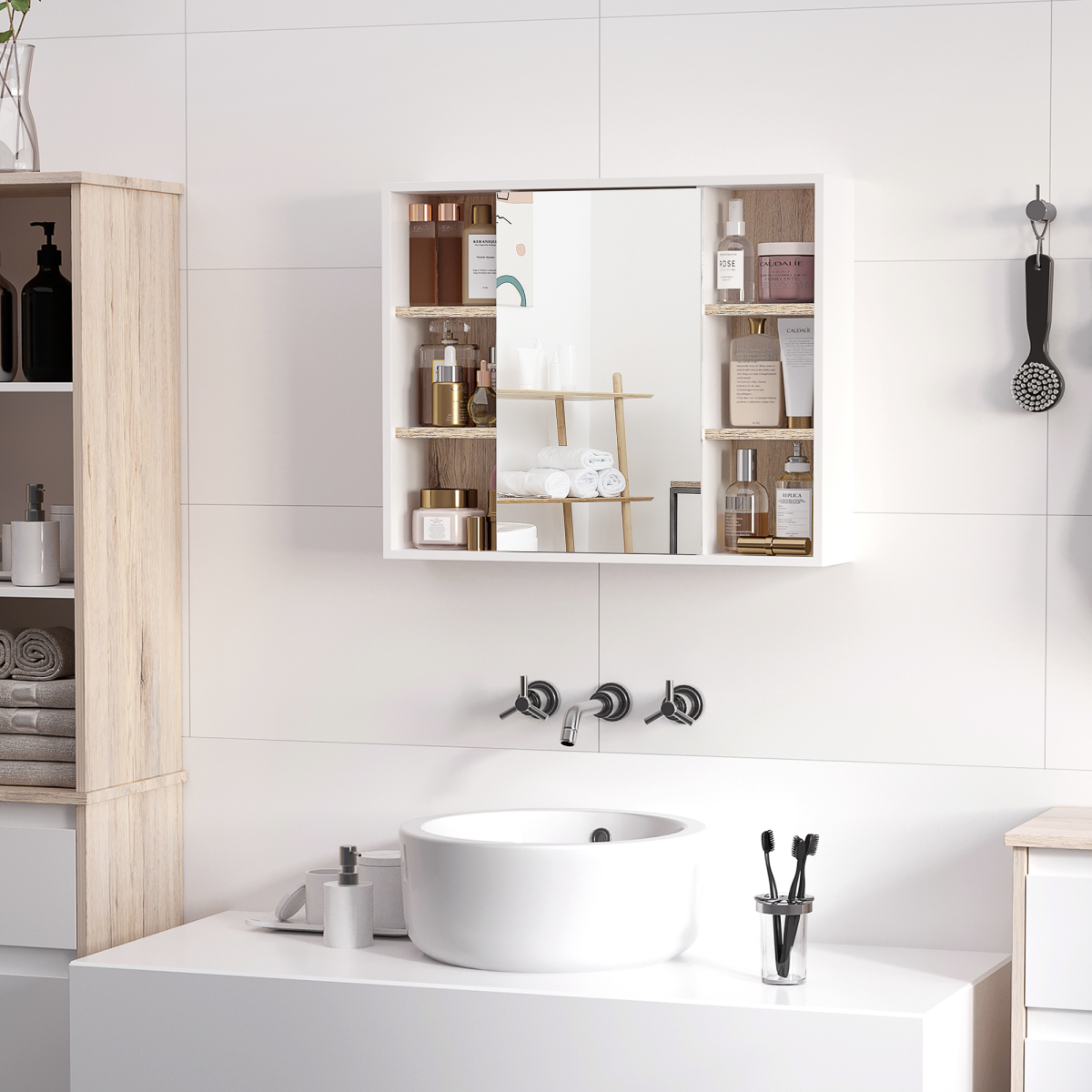 HOMCOM Wall Mounted Bathroom Cabinet with Mirrored Door and Adjustable Shelf – Space-Saving Storage