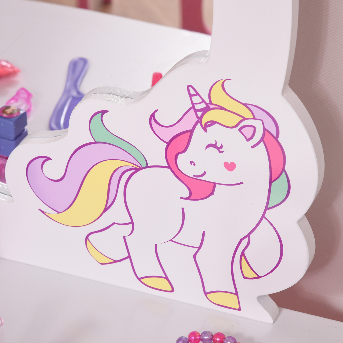 HOMCOM Kids Dressing Table with Mirror and Stool – Unicorn Vanity Set for Girls Aged 3-6, Pink and White