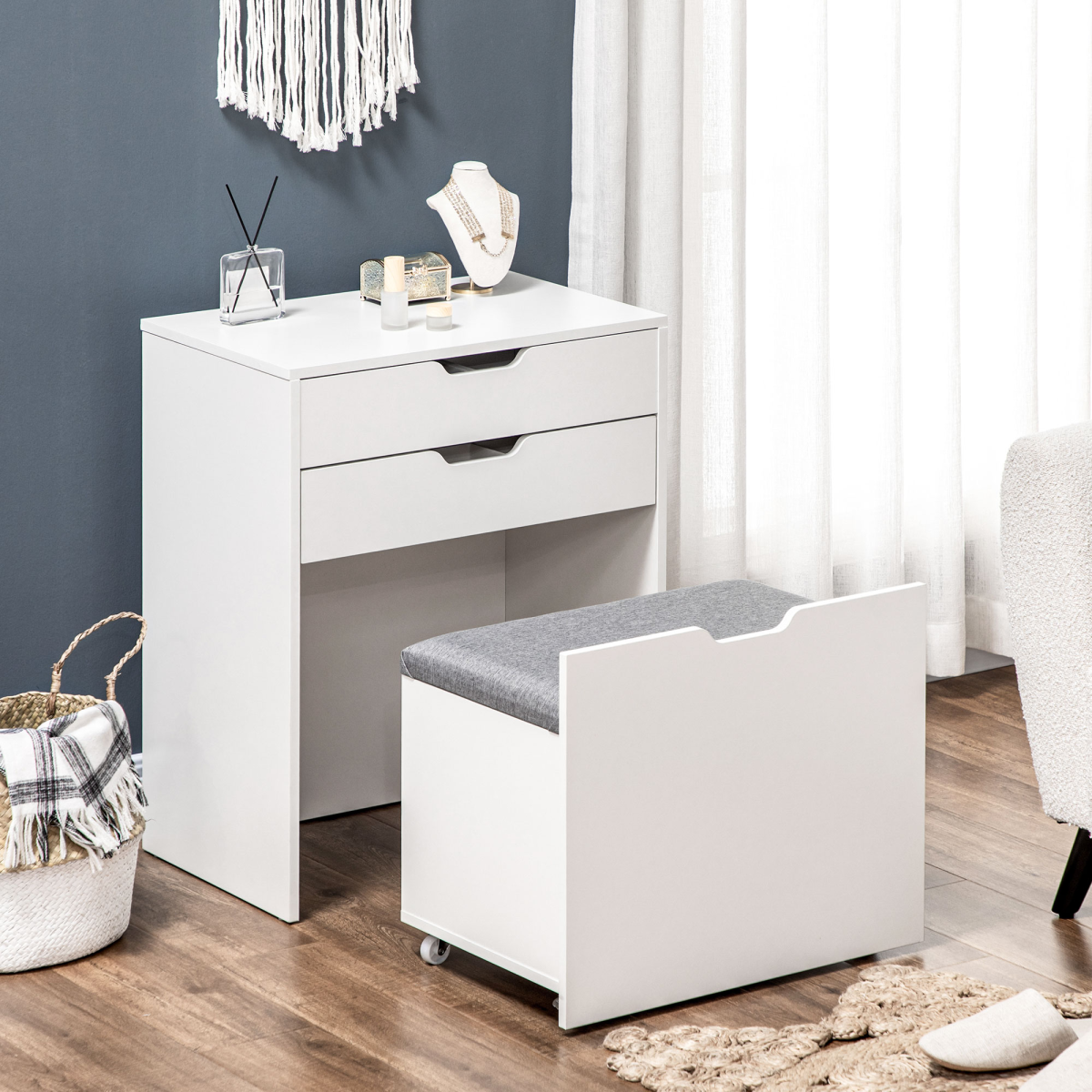 White Dressing Table Set with Flip-Up Mirror, Matching Stool & Storage Compartments – Doubles as a Desk