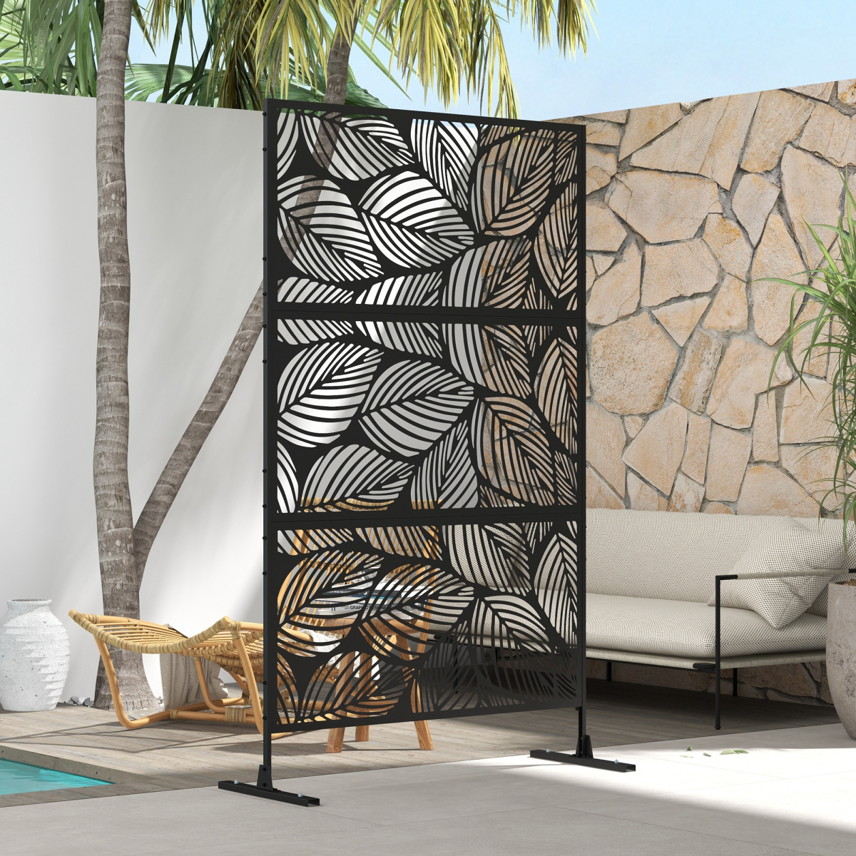 Outsunny 3-Panel Steel Leaf Garden Privacy Screen with Stand & Trellis – 6.5ft Decorative Space Divider, Black