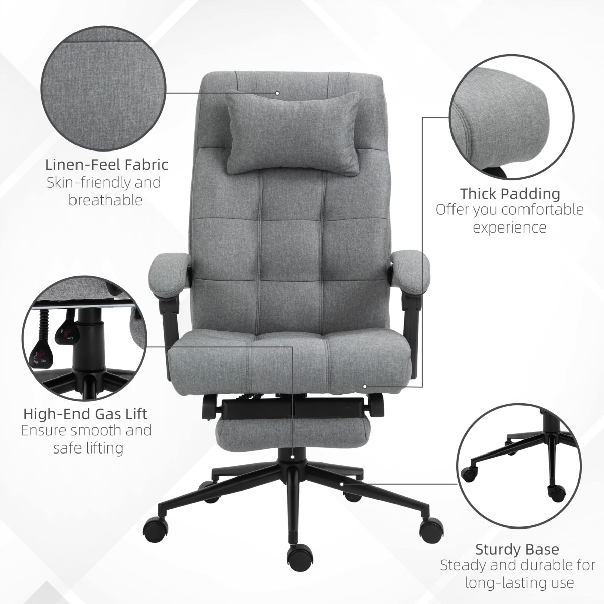 Reclining Office Chair with Footrest & Removable Pillow, 155° Recline – Home Office Chair, Light Grey