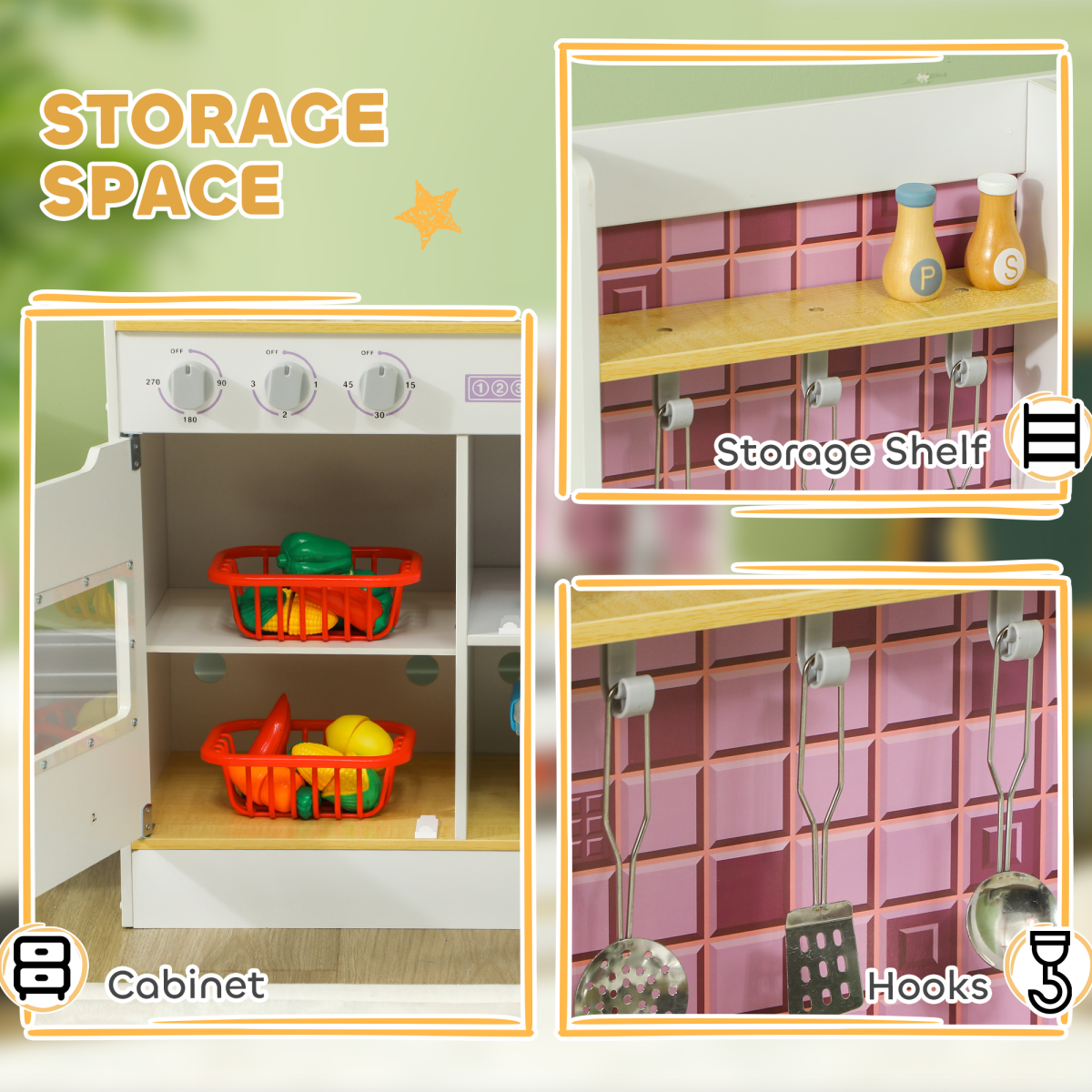 AIYAPLAY Kids Play Kitchen with Light & Sound Stove, Oven, Sink & Storage – Role Play Cooking Set, White