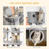 PawHut 240–260cm Floor-to-Ceiling Cat Tree with Scratching Posts, Houses & Hammocks – Cat Tower, Light Grey