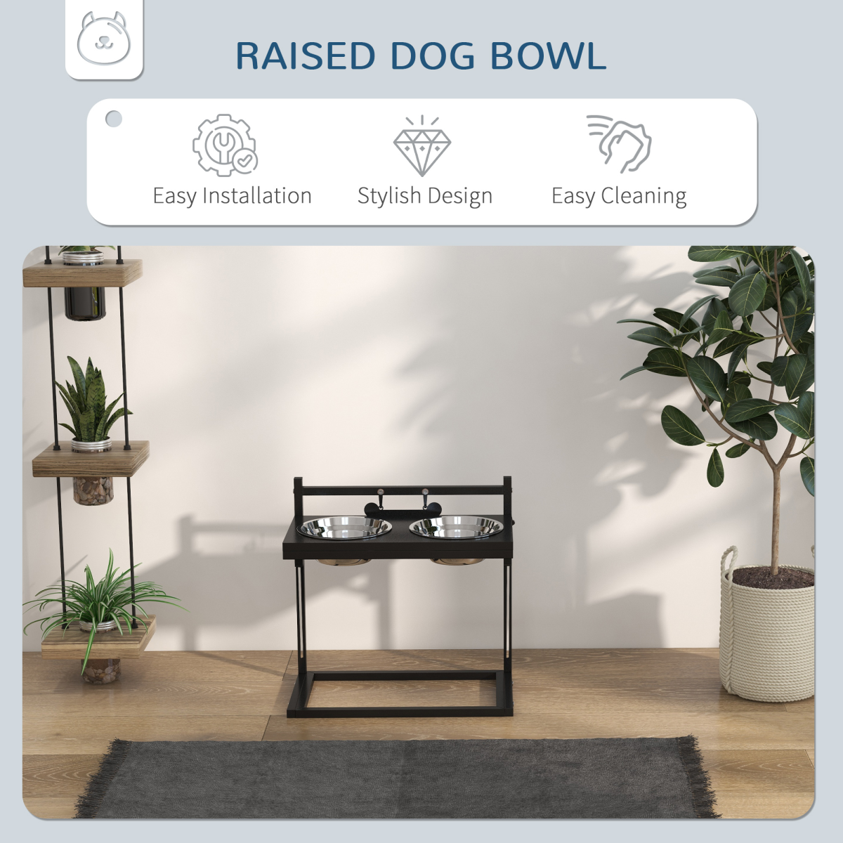 PawHut Raised Dog Bowl Stand with Two Stainless Steel Bowls – Adjustable Height Feeder, Black