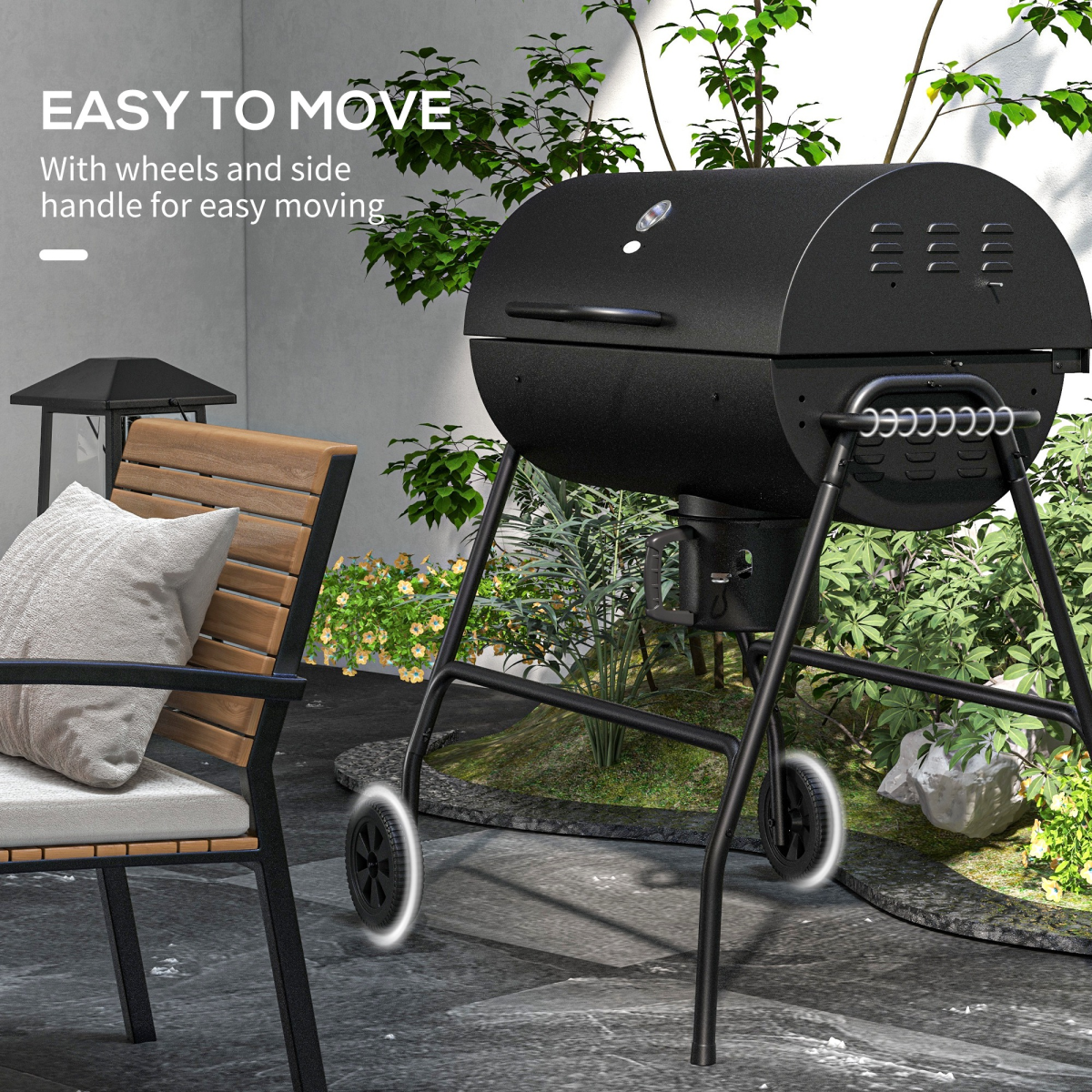 Outsunny Barrel Charcoal BBQ Grill Trolley with Ash Catcher, Thermometer & Warming Rack – Black Steel