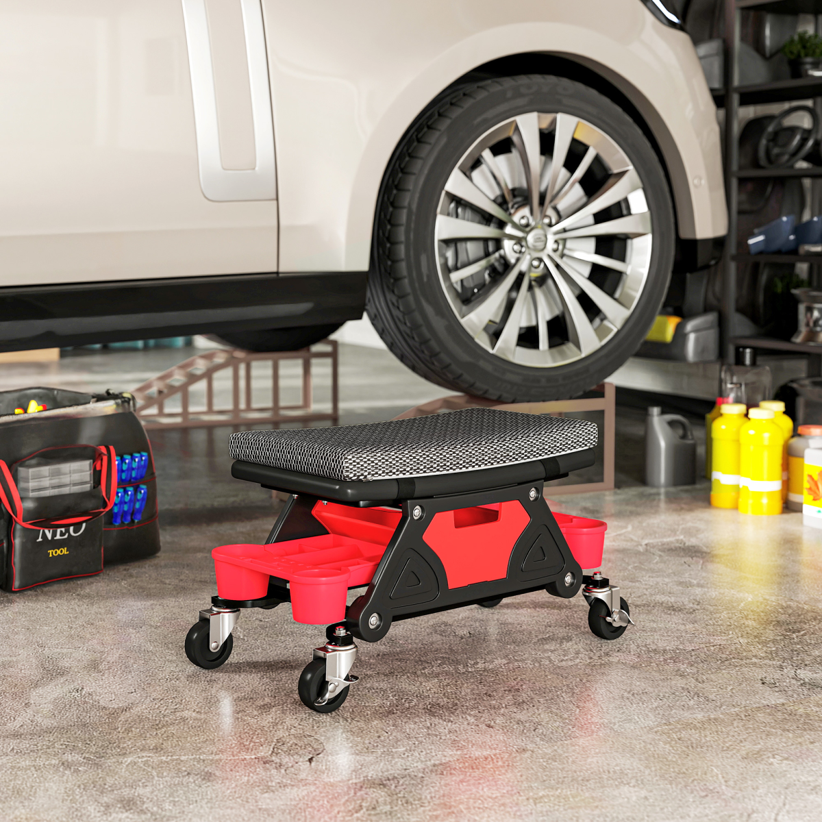HOMCOM Rolling Mechanic Stool with Tool Trays, Drawer & Padded Seat – 135kg Capacity Workshop Stool, Black