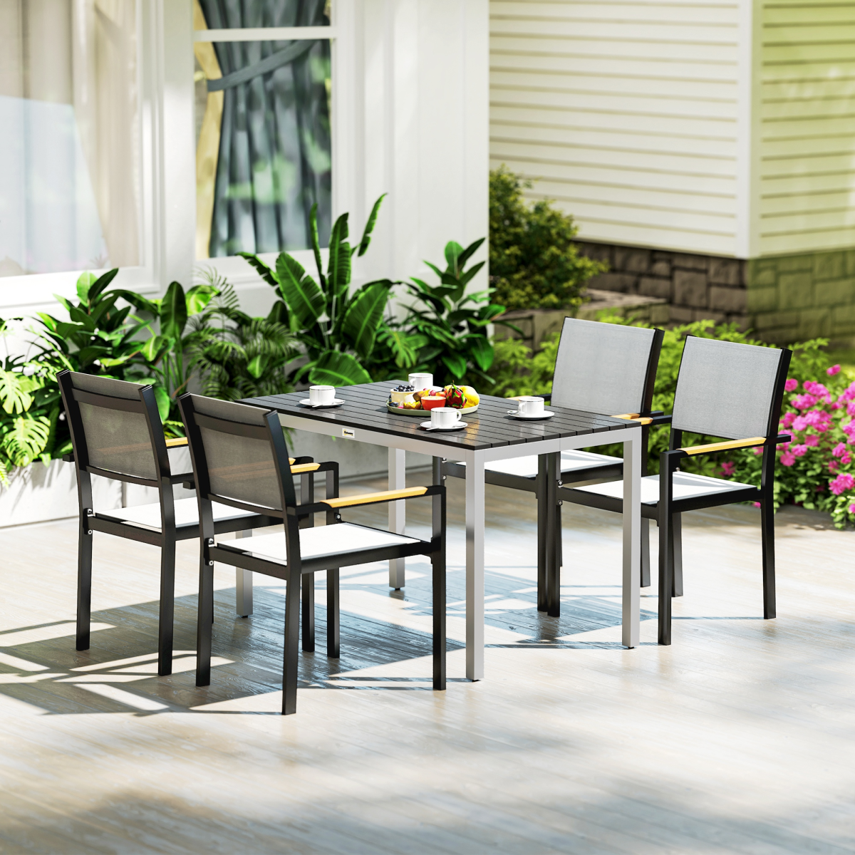 Outsunny Garden Table for 4-6 with Aluminium Frame & Slatted Top, 120 x 70 cm – Outdoor Patio Table, Black