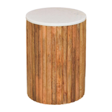 Artisan Furniture Solid Wood Fluted Side Table with Marble Top – Oakish Finish, Brown & White