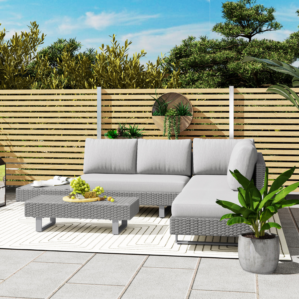 Outsunny 3-Piece Rattan Wicker Garden Sofa Set with Tea Table and Cushions – Patio Furniture, Light Grey