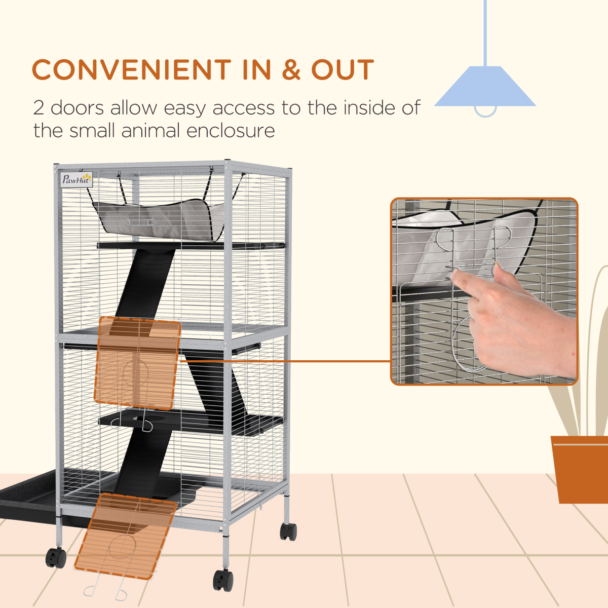 PawHut Rolling Small Animal Cage with Ramps & Platforms – Chinchilla and Ferret Cage with Hammock, Light Grey