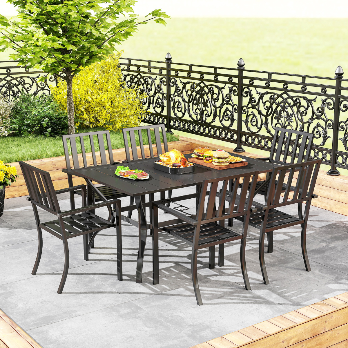 Outsunny 7-Piece Steel Patio Dining Set with 42mm Umbrella Hole – Table & 6 Stackable Chairs, Black