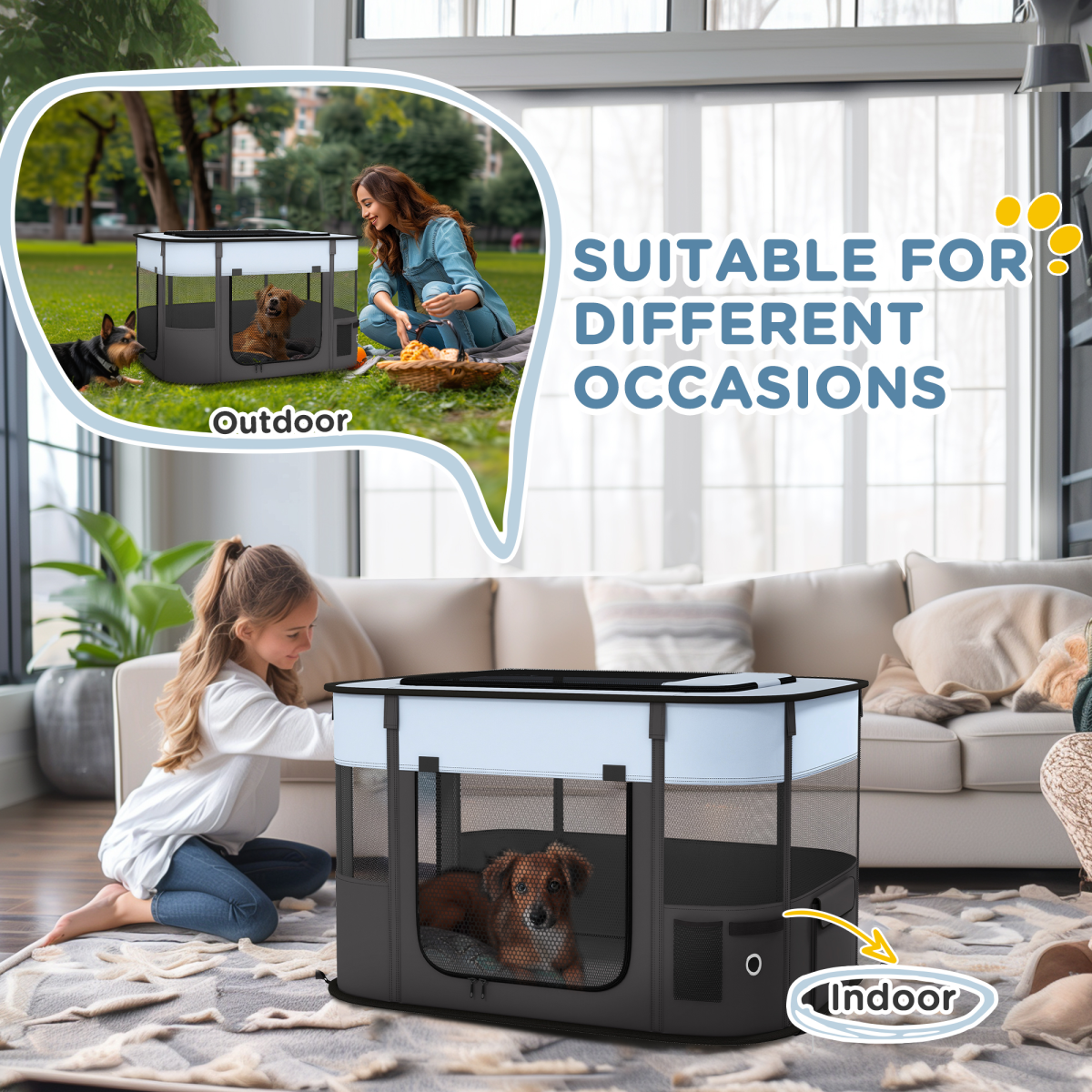 PawHut Portable Foldable Pet Playpen with Mesh Windows & Storage Bag – Dog, Rabbit & Kitten Run, Grey, 84cm