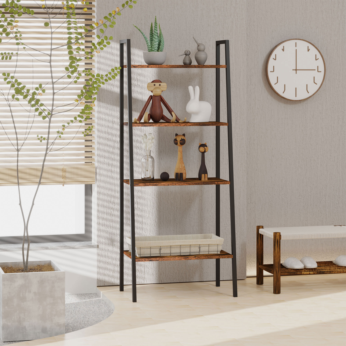 4-Tier Minimalist Ladder Shelf Unit with Steel Frame & MDF Shelves – Home Display Storage Bookcase