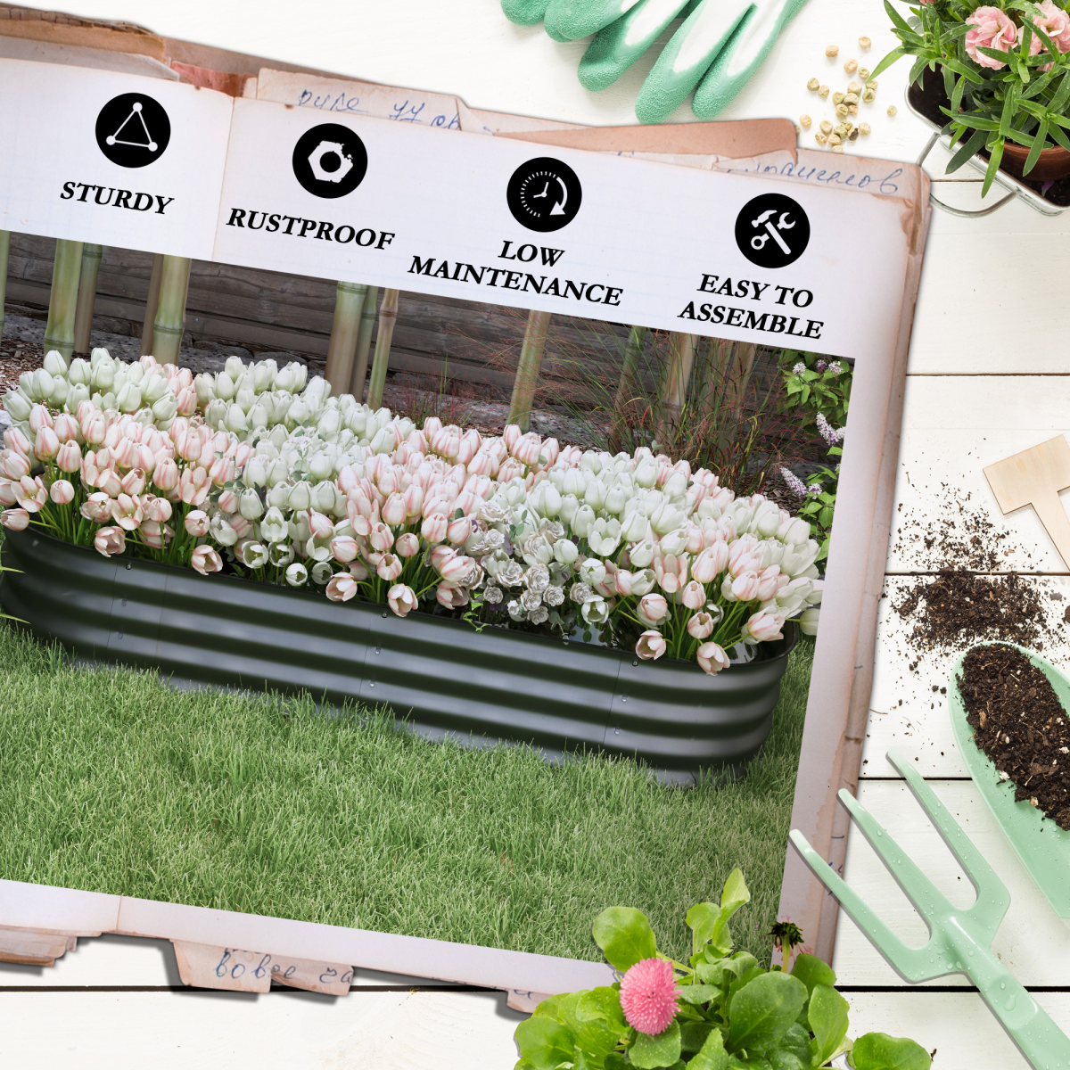 Outsunny Galvanised Steel Raised Garden Bed with Safety Edging – Round, Oval or Oblong Planter, Dark Grey