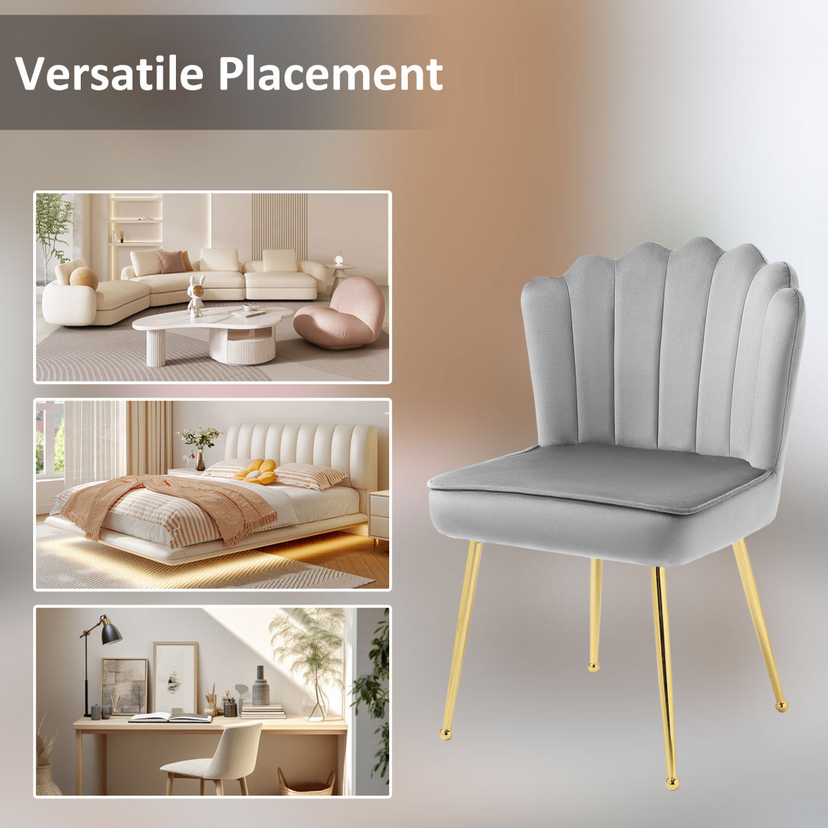 HOMCOM Velvet-Feel Shell Accent Chair with Metal Legs – Scalloped High Back Armchair, Grey