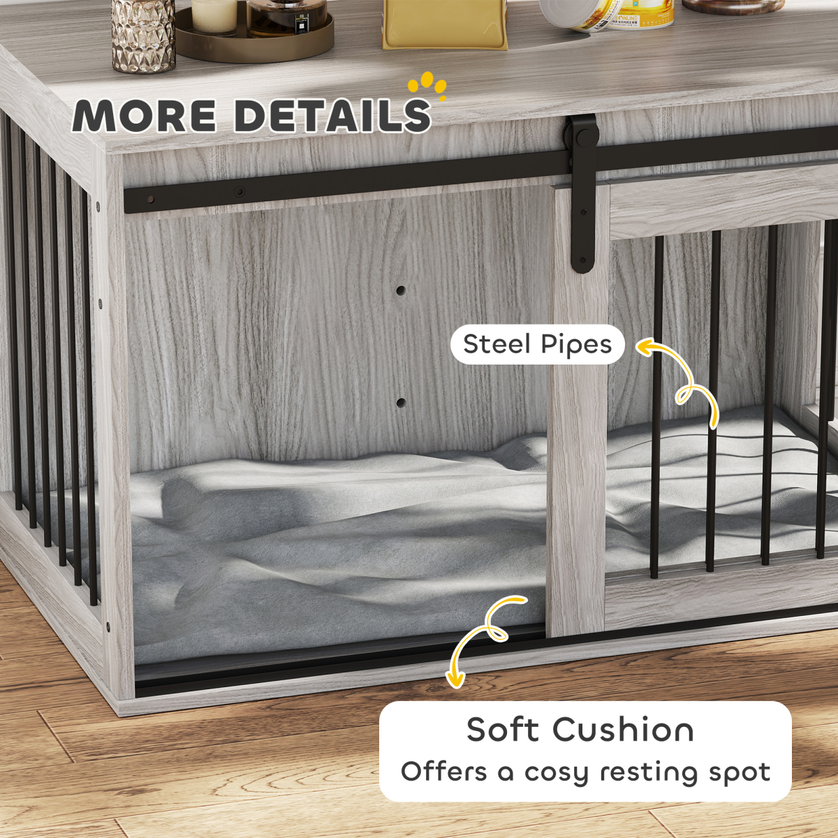 PawHut Dog Crate Furniture with Removable Cushion and Barn Door Design – Side Table Kennel for Large Dogs, Grey
