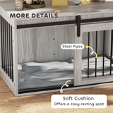 PawHut Dog Crate Furniture with Removable Cushion and Barn Door Design – Side Table Kennel for Large Dogs, Grey