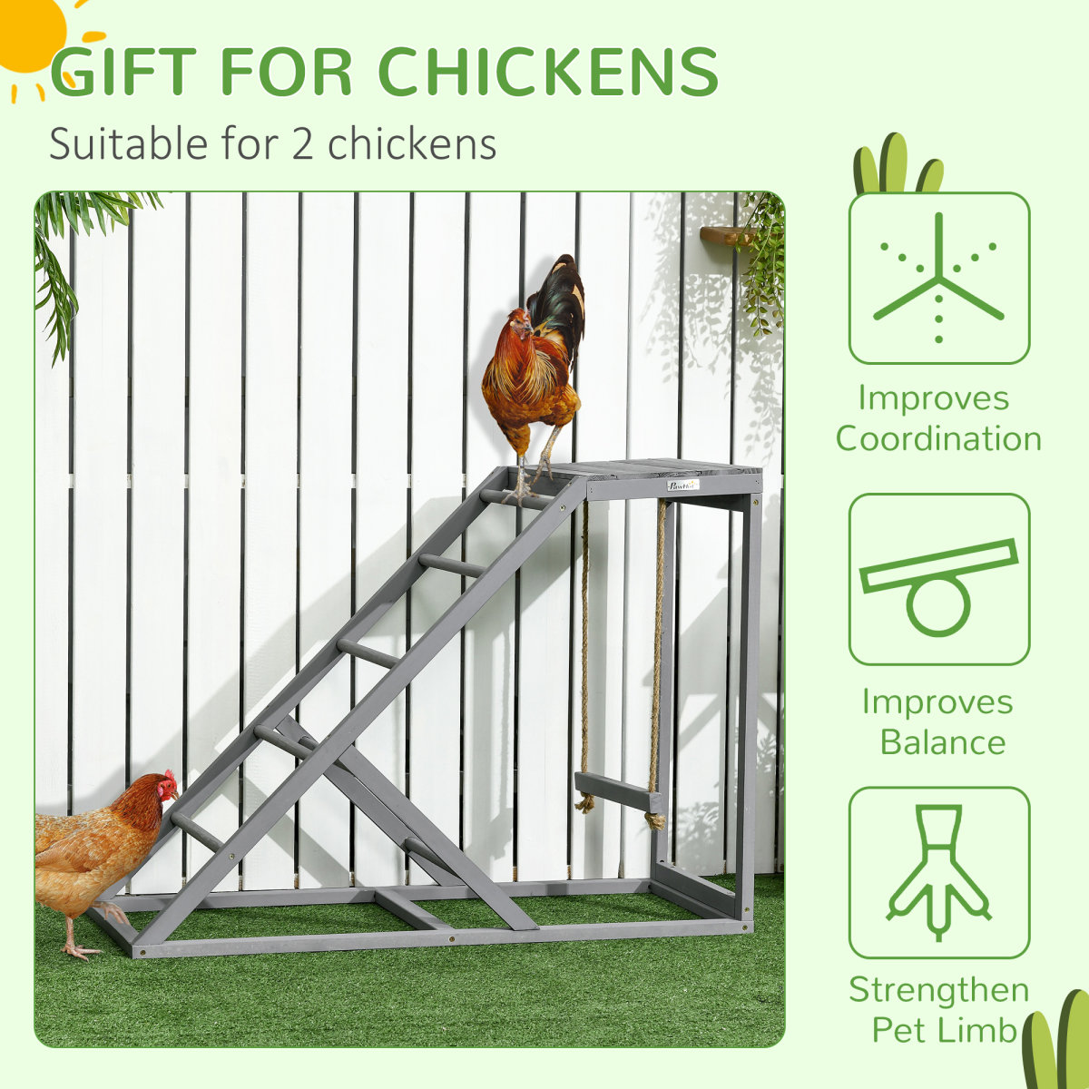 PawHut Chicken Coop Activity Toy with Swing, Ladder & Platform for 2 Chickens – Fir Wood Perch Stand, Grey