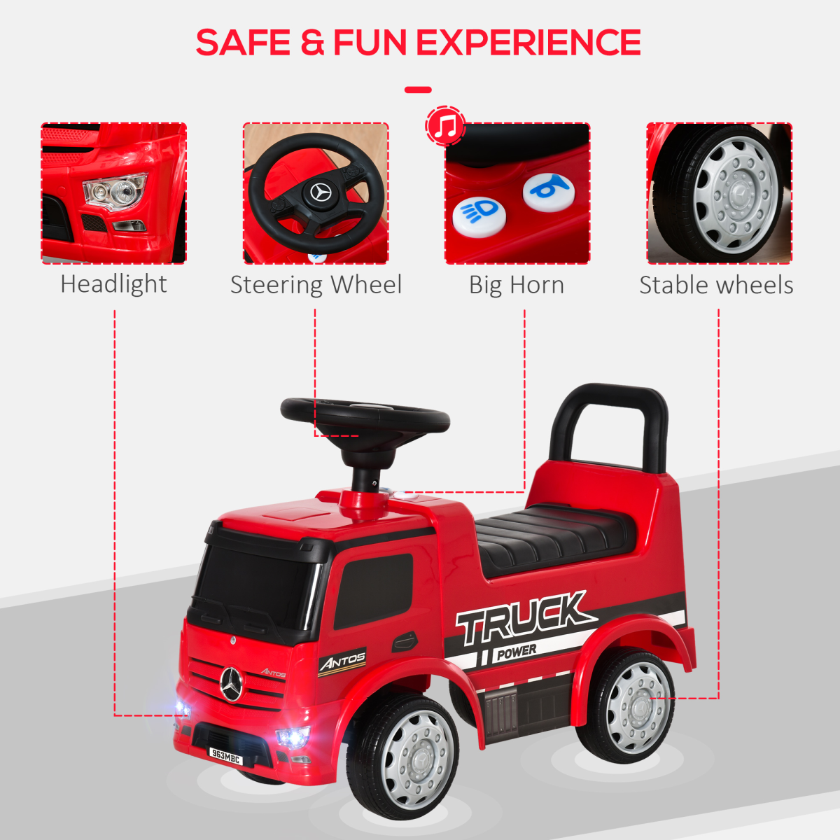 HOMCOM 3-in-1 Kids Ride-On Mercedes Truck with Under-Seat Storage – Push Along Walker for 12-36 Months, Red