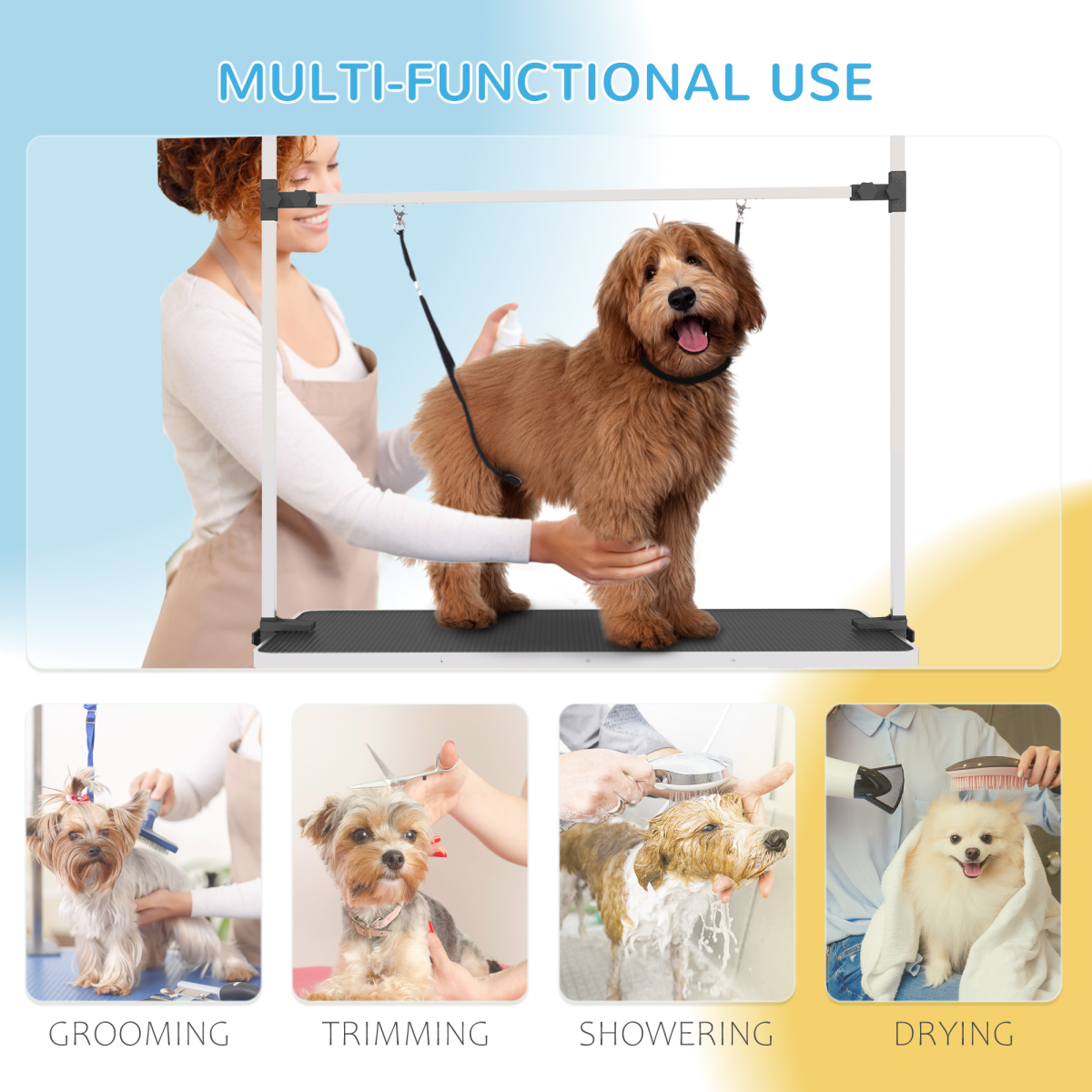 Pawhut Adjustable Dog Grooming Table with Two Safety Slings and Mesh Basket – Foldable Metal Frame, Black