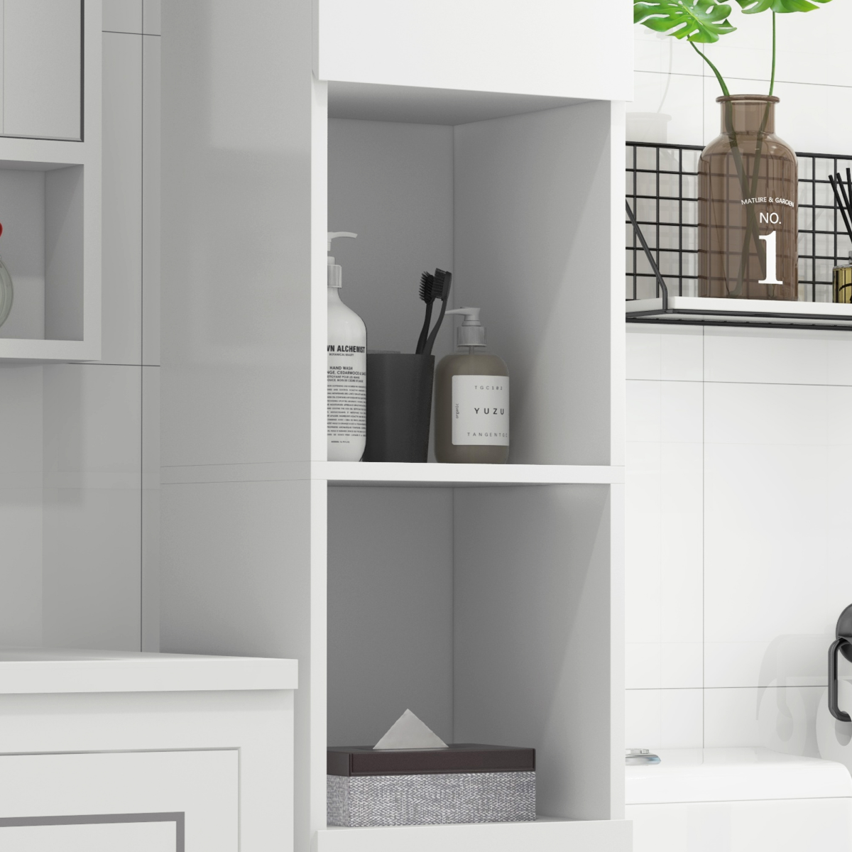 kleankin High Gloss Bathroom Floor Cabinet with Doors & Open Shelves – Freestanding Storage