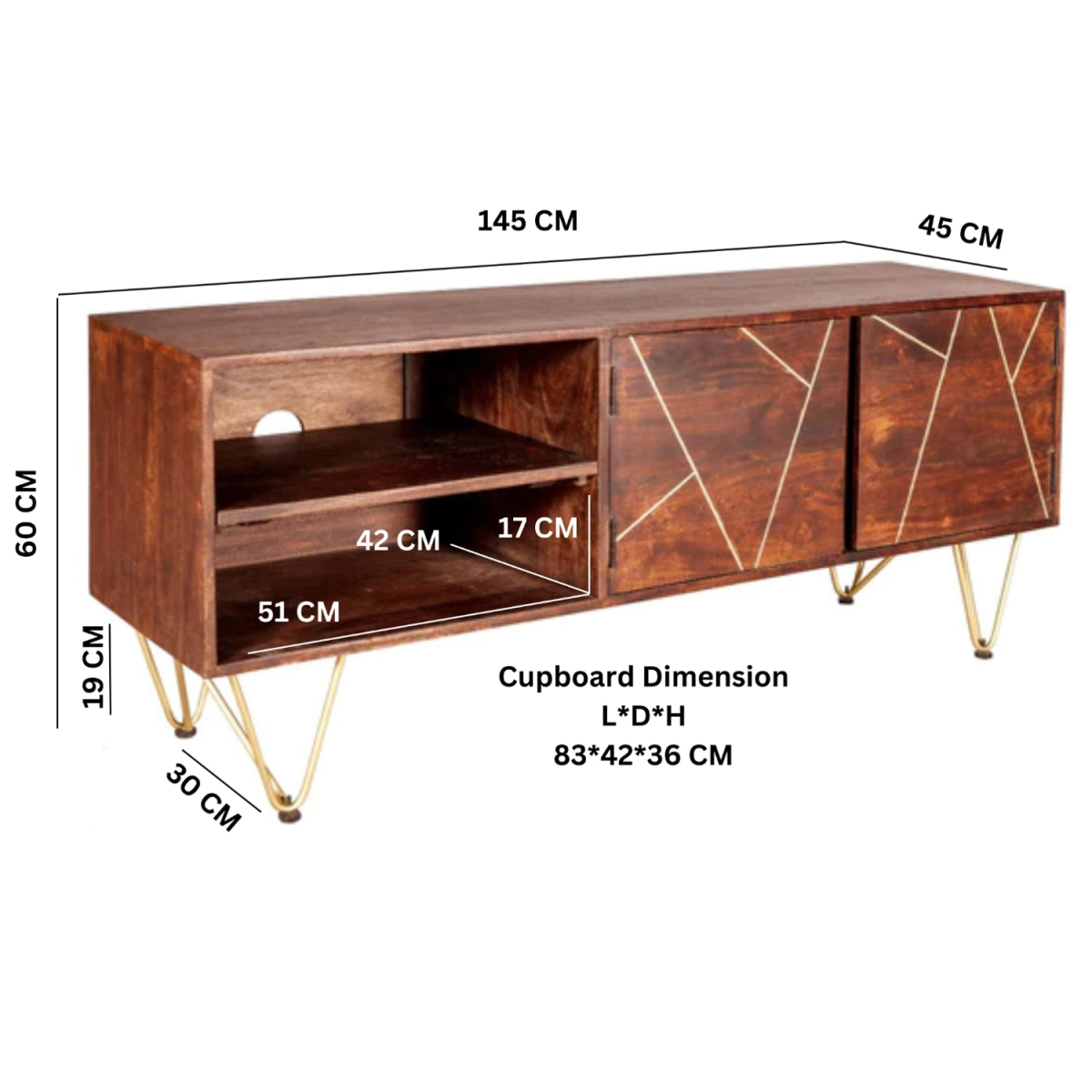 Dark Gold Plasma Media TV Unit in Solid Wood with Abstract Metal Inlay – Storage for Large Flat-Screen TVs
