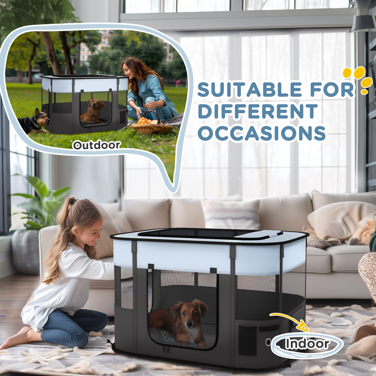 PawHut Portable Foldable Pet Playpen with Mesh Windows & Storage Bag – Dog, Rabbit & Kitten Run, Grey, 94cm