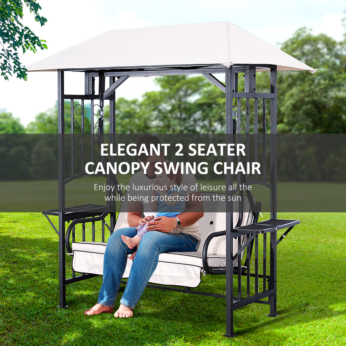 Outsunny 2-Seater Canopy Swing Chair with Side Tables & Cushions – 2-in-1 Garden Gazebo Swing, Steel Frame