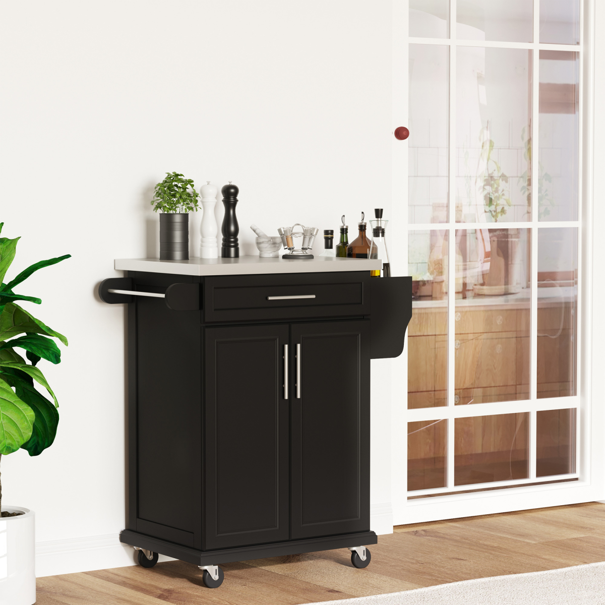 HOMCOM Rolling Kitchen Cart with Drawer, Cabinet, Towel Rail & Spice Rack – Mobile Storage Trolley, Black