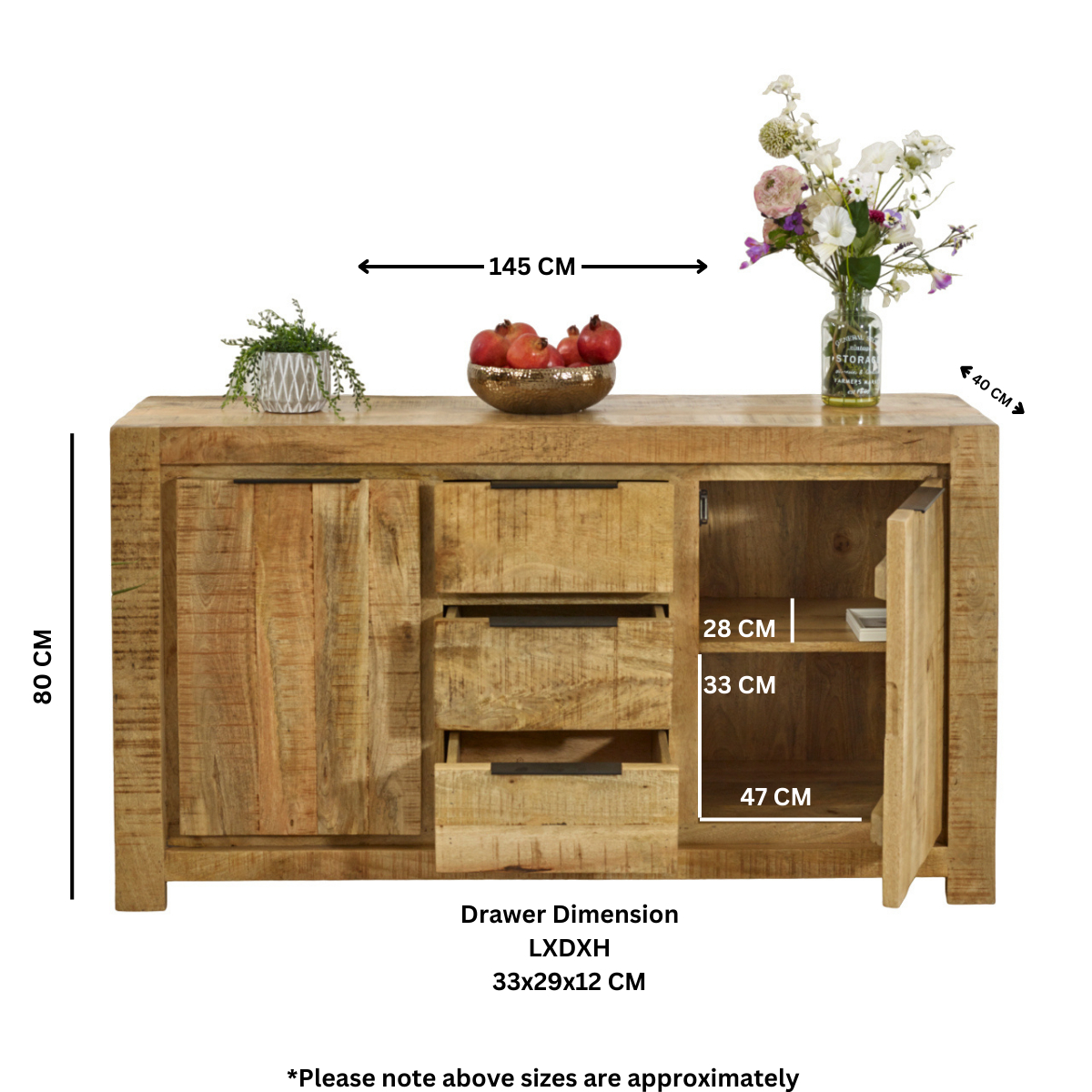 Surrey Solid Mango Wood Large Sideboard with 2 Doors & 3 Drawers – Eco-Sourced Living & Dining Storage
