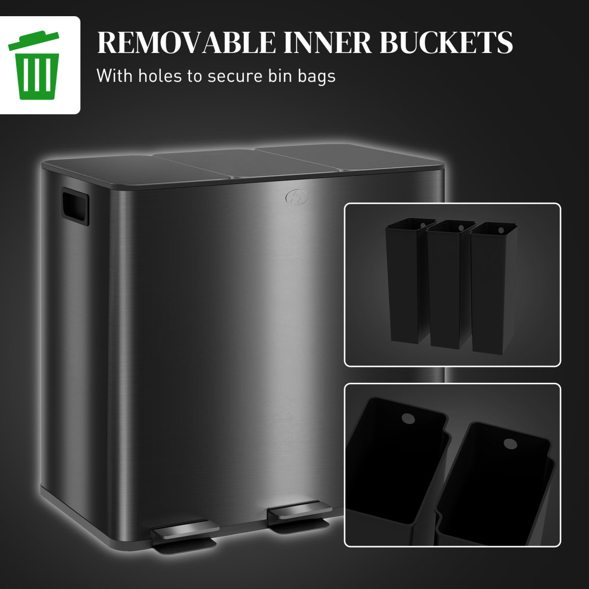 HOMCOM 3 x 15L Triple Recycling Pedal Bin with Removable Buckets – Stainless Steel Finish Kitchen Bin, Black