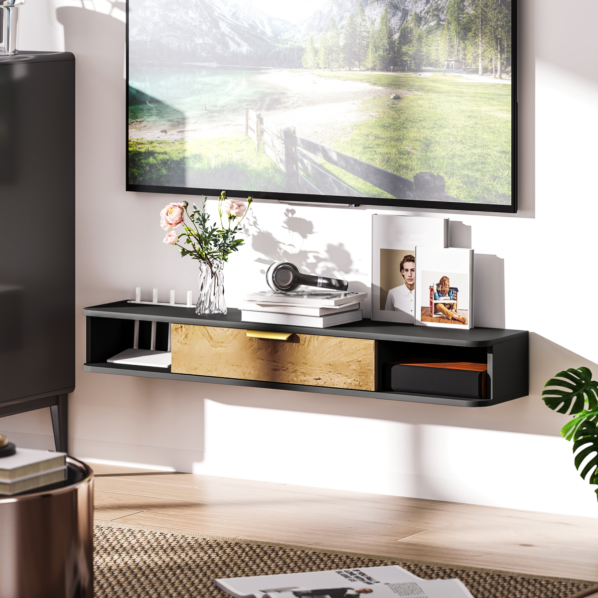 HOMCOM 120cm Floating TV Unit with Two Open Compartments – Wall-Mounted Media Console, Grey