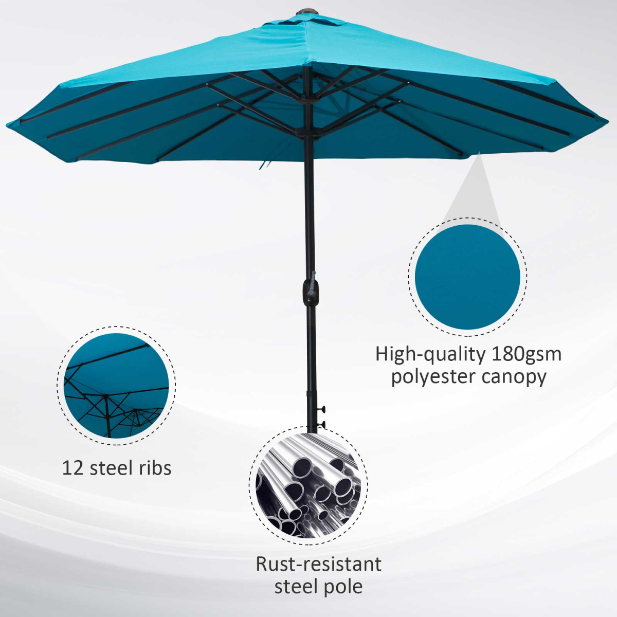 Outsunny 4.6m Double Canopy Patio Umbrella Parasol with Crank Lift, 12 Ribs – Garden Sun Shade without Base, Blue