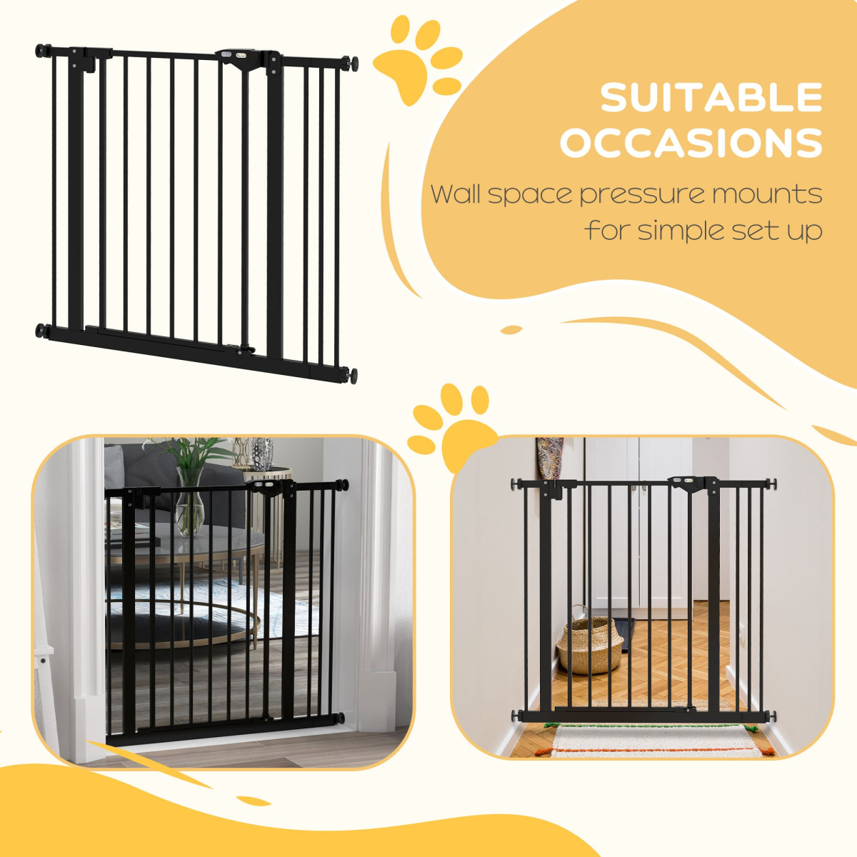 PawHut Adjustable Safety Gate with 1 Extension and 4 Screws – Pet Gate for Doors and Stairs, Black