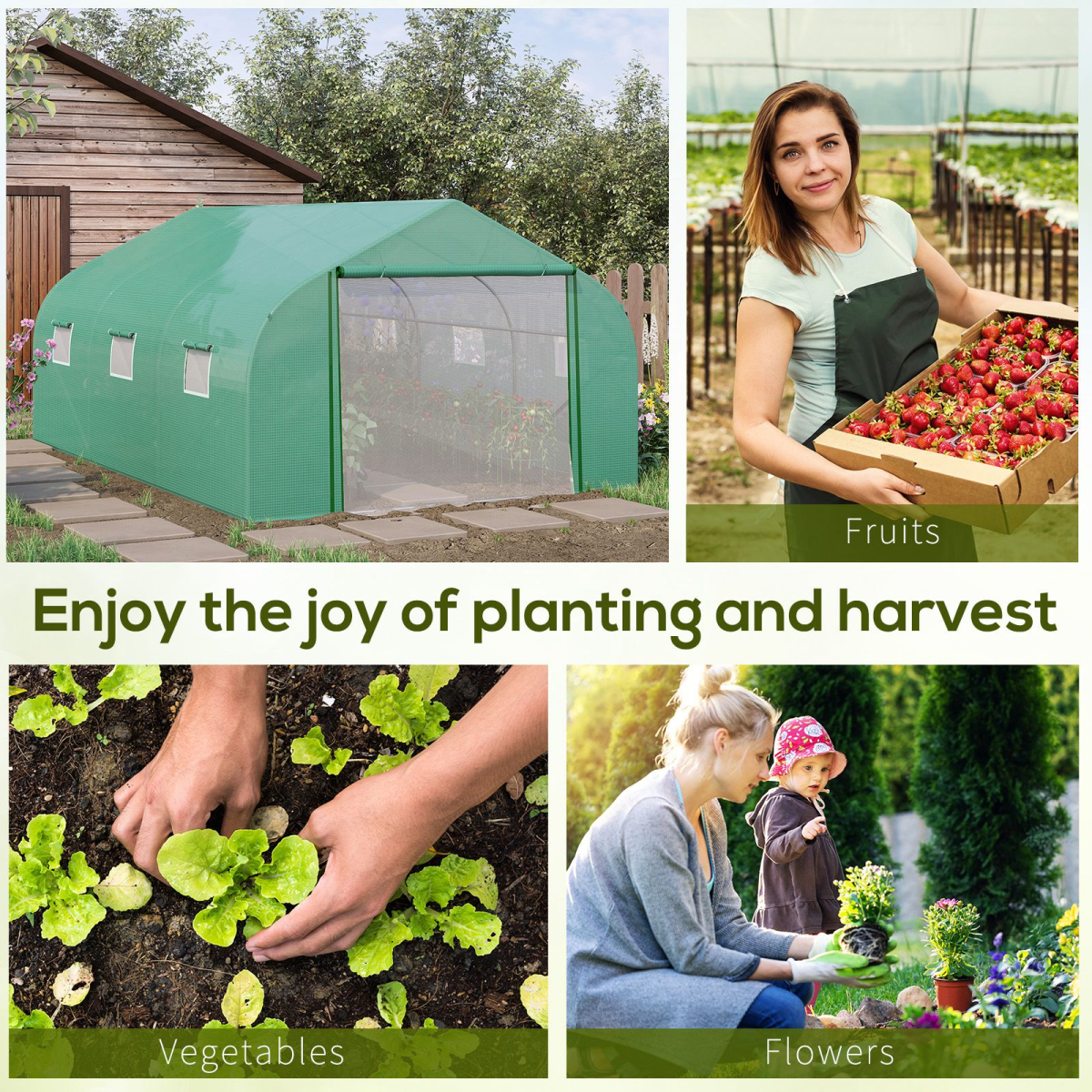 Outsunny 4.47 x 3 x 2m Walk-in Polytunnel Greenhouse with PE Cover, Zipped Door & 6 Mesh Windows, Green