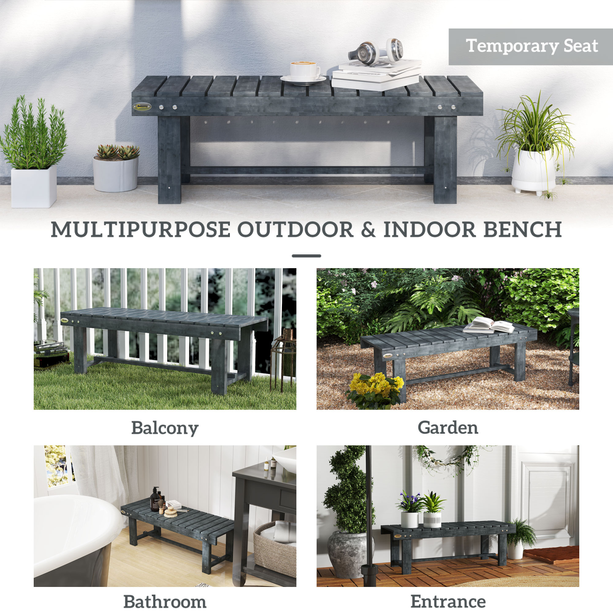 Outsunny 1.1m Outdoor Garden Bench for 2 People – Solid Fir Wood Patio Loveseat with Foot Bar, Grey