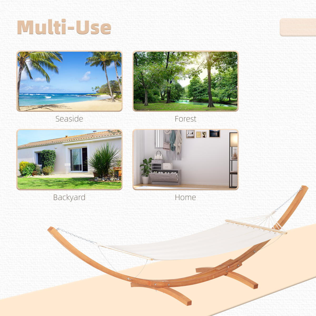 Outsunny Garden Hammock with Curved Wooden Stand – Freestanding Outdoor Relaxation, White