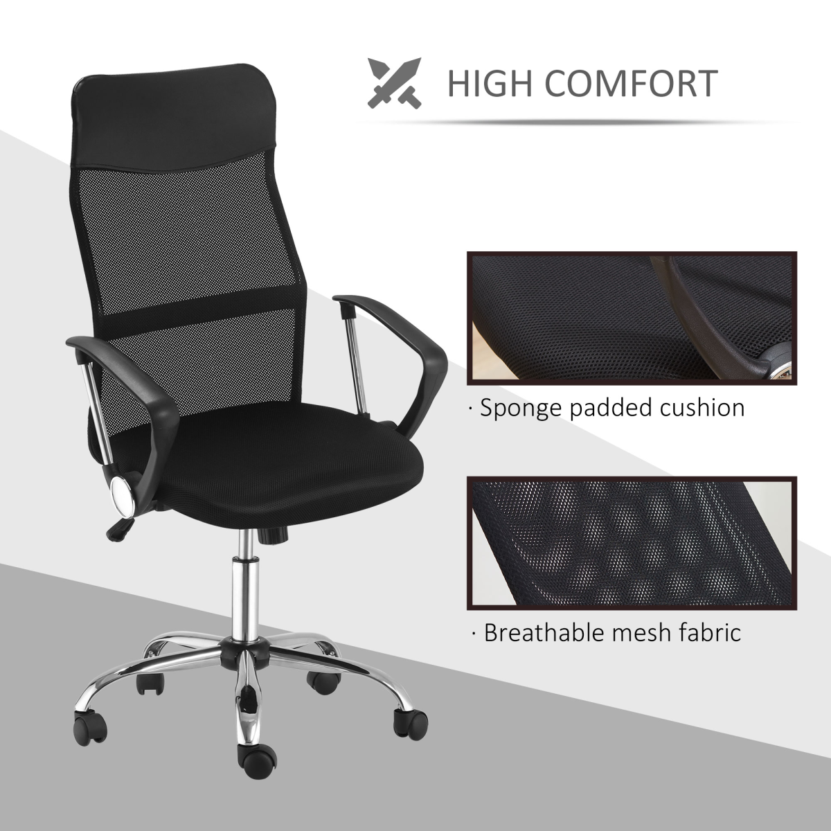 HOMCOM High Back Mesh Executive Office Chair with Faux Leather Top – Black Ergonomic Desk Chair